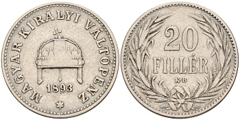 Венгрия 20 филлеров 1893 КВ, Франц Иосиф I (1848-1916) KM 483 никель 190-652