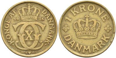 Дания 1 крона 1926 HCN; GJ, Кристиан X (1912-1947) KM 824.1 алюминиевая бронза 4587-1112