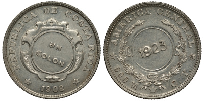 Коста-Рика 1 колон 1923 надчеканка на 50 сентимо 1902 KM 164 серебро 272-825