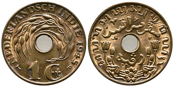 Нидерландская Восточная Индия 1 цент 1945 р, Вильгельмина (1890-1948) KM 317 бронза UNC 4610-854