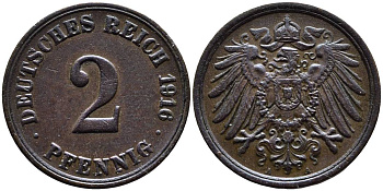Германия 2 пфеннига 1916 A KM 16, J. 11, Weege 4 медь 4546-744