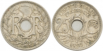 ФРАНЦИЯ 25 САНТИМОВ 1937 KM 867а медно-никель 4402-842