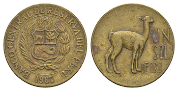 Перу 1 соль 1967 KM 248 латунь 4656-952
