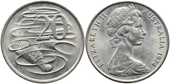 Австралия 20 центов 1974 Елизавета II (1952-2022), утконос KM 66 медно-никель UNC 41-515