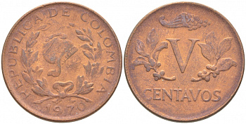 КОЛУМБИЯ 5 СЕНТАВО 1970 KM 206a сталь плакированная медью 213-741