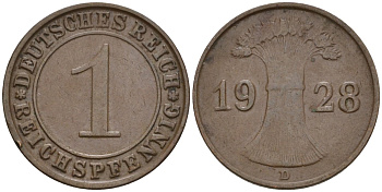 Германия 1 рейхспфенниг 1928 D KM 37, J. 313 бронза 4549-456