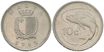 Мальта 10 центов 1991 золотая макрель KM 96 медно-никель 192-1242