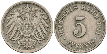 Германия 5 пфеннигов 1911 A KM 11, J. 12, Weege 6 медно-никель 08-1416