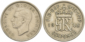 Великобритания 6 пенсов 1948 Георг VI (1936-1952) KM 862, Spink 4105 медно-никель 3955-213