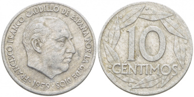 Испания 10 сентимо 1959 Франсиско Франко (1939-1975) KM 790 алюминий 3718-265