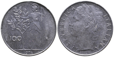 ИТАЛИЯ 100 ЛИР 1974 R, АФИНА KM 96.1 нержавеющая сталь 3334-942