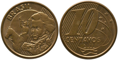 Бразилия 10 сентаво 2011 KM 649, Schon 157 сталь плакированная бронзой 4523-921