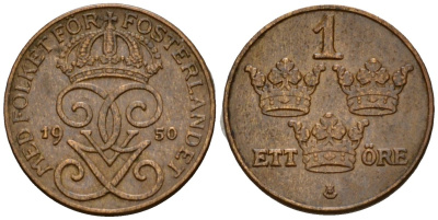 Швеция 1 эре 1950 Густав V (1907-1950) KM 777.2 бронза 4602-269