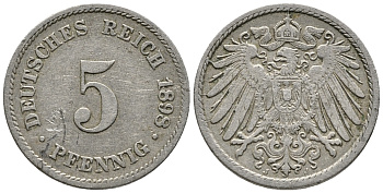 Германия 5 пфеннигов 1898 J KM 11, Jager 12, Weege 6 медно-никель 39-729