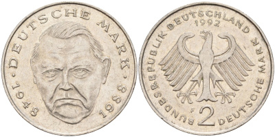 ФРГ 2 марки 1992 F, Людвиг Эрхард, 40 лет Федеративной Республике (1948-1988) KM 170, J. 445 медно-никель плакированный никелем 4583-733