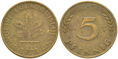 ФРГ 5 пфеннигов 1970 F KM 107, J. 382 сталь плакированная латунью 4514-536