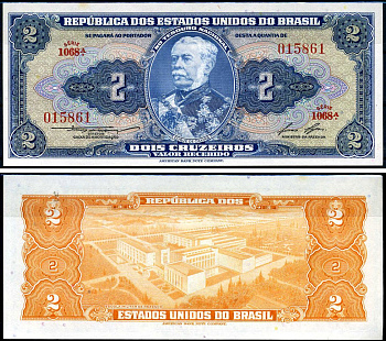 Бразилия 2 крузейро ND (1954-1958) серия 1068, герцог Кашиас Pick 151 b бумага UNC (пресс) 6317-48-1-2