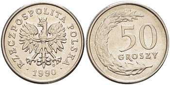 ПОЛЬША 50 ГРОШЕЙ 1990 MW KM 281 медно-никель 28-132