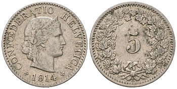 Швейцария 5 раппенов 1914 B KM 26 медно-никель 4160-547