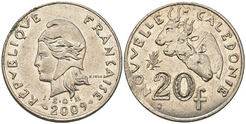 Французская Новая Каледония 20 франков 2009 три быка, (IEOM) KM 12a, Schoen 14a, Lec 115j медно-никель 84-145