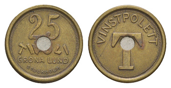 Швеция игровой жетон - 25 Tivoli Vinstpolett ND диаметр 18,9 мм, вес 3 гр латунь 4613-651