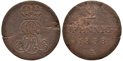 Ганновер 2 пфеннига 1838 A, Эрнст Август (1837-1851) KM 174.1, AKS 122, J. 55 медь 75-215