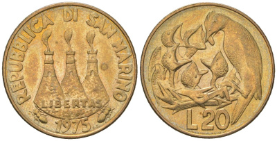 Сан-Марино 20 лир 1975 Любовь у животных KM 44 алюминиевая бронза 4169-519