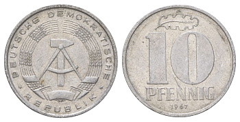 ГДР 10 пфеннигов 1967 A KM 10 алюминий 4627-938