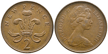 Великобритания 2 пенса 1971 Елизавета II (1952-2022) KM 916, Spink 4235 (C1) бронза 177-933