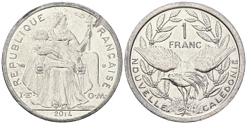 Французская Новая Каледония 1 франк 2014 птица кагу, (IEOM) KM 10, Schoen 10 алюминий 33-217