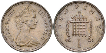 Великобритания 1 пенни 1977 Елизавета II (1952-2022) KM 915, Spink 4237 (B1) бронза 4585-866
