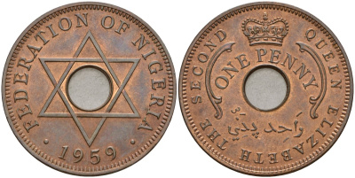 Нигерия 1 пенни 1959 Елизавета II (1952-), Британский протекторат KM 2 бронза UNC 4593-741