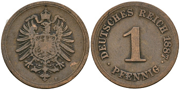 Германия 1 пфенниг 1887 F, Вильгельм I (1871-1888) KM 1, J. 1 медь 4547-166