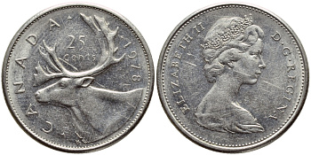 КАНАДА 25 ЦЕНТОВ 1978 ОЛЕНЬ KM 62b никель 4397-111
