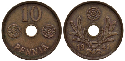 ФИНЛЯНДИЯ 10 ПЕННИ 1941 KM 33.1 медь 4549-842