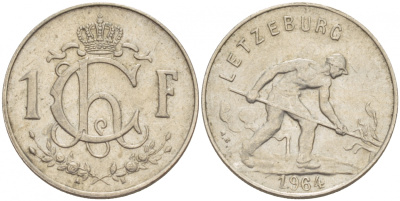 ЛЮКСЕМБУРГ 1 ФРАНК 1964 СТАЛЕВАР KM 46.2 медно-никель 4548-1041