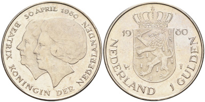 Нидерланды 1 гульден 1980 на коронацию Беатрикс, 30 апреля 1980 KM 200 никель 4593-1234