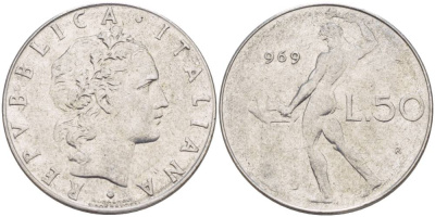ИТАЛИЯ 50 ЛИР 1969 R, БОГ ОГНЯ ВУЛКАН У НАКОВАЛЬНИ KM 95.1 нержавеющая сталь 4551-352