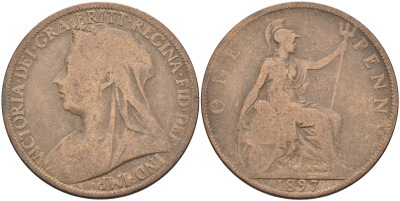 Великобритания 1 пенни 1897 Виктория (1837-1901) KM 790, Spink 3961 бронза 4367-111