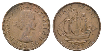 Великобритания 1/2 пенни 1967 Елизавета II (1952-2022) KM 896, Spink 4158 бронза 4663-133