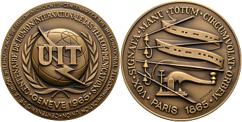 Швейцария медаль 1965 100 лет Международному Союзу телекоммуникаций "UIT", диаметр 60 мм. бронза 1069-1-21