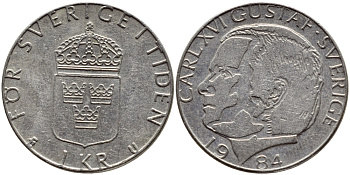 Швеция 1 крона 1984 Карл XVI Густав (1973- ) KM 852a медно-никель 4397-1145