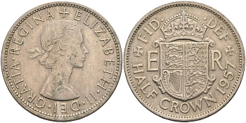 Великобритания 1/2 кроны 1957 Елизавета II (1952-2022) KM 907, Spink 4145 медно-никель 4587-1012