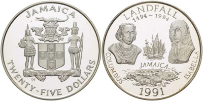 Ямайка 25 долларов 1991 500 лет открытию Ямайки Колумбом, портреты Колумба и королевы Изабеллы, парусники KM 150 серебро  PROOF  1080-8-52