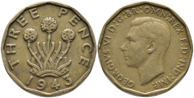 Великобритания 3 пенса 1943 Георг VI (1936-1952) KM 849, Spink 4112 никель латунь 65-941
