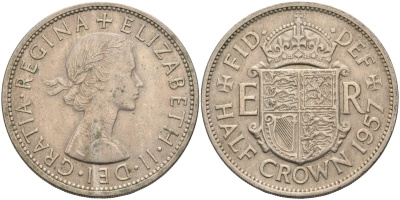 Великобритания 1/2 кроны 1957 Елизавета II (1952-2022) KM 907, Spink 4145 медно-никель 4587-1012