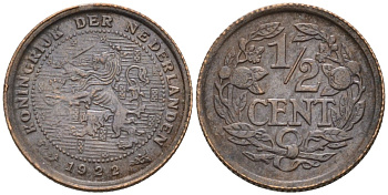 Нидерланды 1/2 цента 1922 Вильгельмина (1890-1948) KM 138 бронза 4576-426