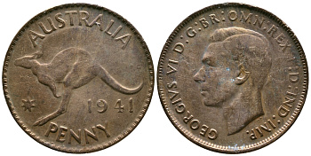 Австралия 1 пенни 1941 Георг VI (1936-1952), dot after y KM 36 бронза 00-00