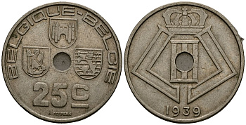 Бельгия 25 сантимов 1939 Belgique - Belgie KM 114 никель латунь 4382-342