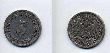 ГЕРМАНИЯ 5 ПФЕННИГОВ 1906 F, KM 11, J. 12 медно-никель 76-235